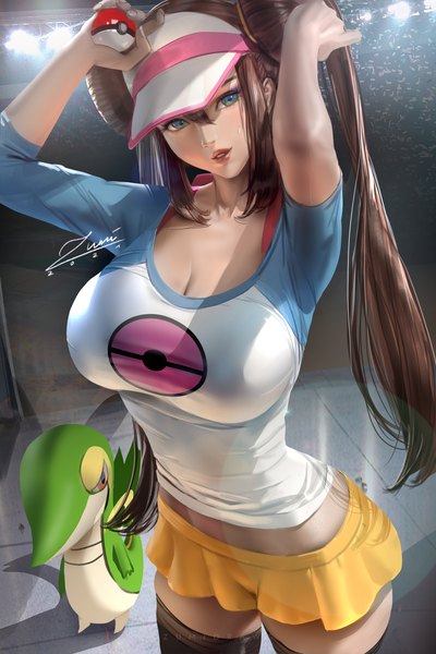 Anime picture 2339x3508 with pokemon pokemon black and white nintendo rosa (pokemon) snivy zumi (zumidraws) single long hair tall image looking at viewer blush fringe highres breasts blue eyes light erotic hair between eyes brown hair large breasts standing