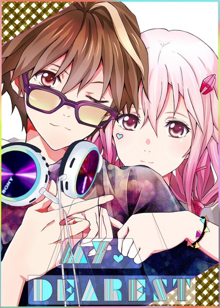 Anime picture 600x841 with guilty crown production i.g yuzuriha inori ouma shu yukilus long hair tall image looking at viewer blush fringe short hair simple background red eyes brown hair white background pink hair upper body head tilt one eye closed pink eyes