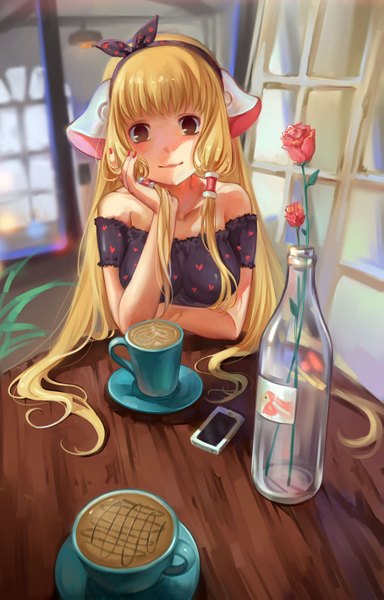 Anime picture 907x1417 with chobits chii atashi (chobits) duximeng single long hair tall image blush fringe blonde hair smile bare shoulders brown eyes girl flower (flowers) window heart rose (roses) headband table
