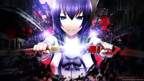Anime picture 1920x1080 with highschool of the dead madhouse busujima saeko redeye27 sai-caster (artist) single long hair looking at viewer highres blue eyes smile wide image payot purple hair nail polish fingernails wallpaper character names long fingernails unsheathing
