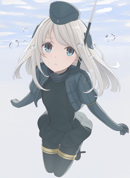Anime picture 750x1027 with kantai collection u-511 submarine nananichi single long hair tall image fringe blue eyes simple background silver hair bent knee (knees) parted lips grey background looking up underwater swimming girl gloves uniform hair ornament