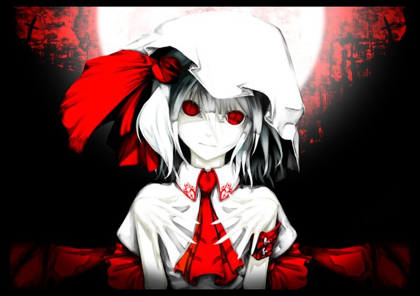 Anime picture 1260x890 with touhou remilia scarlet fujinohara akihira single looking at viewer short hair red eyes white hair dark background letterboxed white skin cat eyes girl bow hat moon