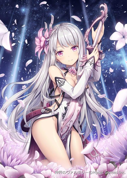 Anime picture 643x900 with shinkai no valkyrie frena akkijin single long hair tall image looking at viewer blush fringe breasts light erotic smile bare shoulders holding sky cleavage silver hair head tilt pink eyes hair flower