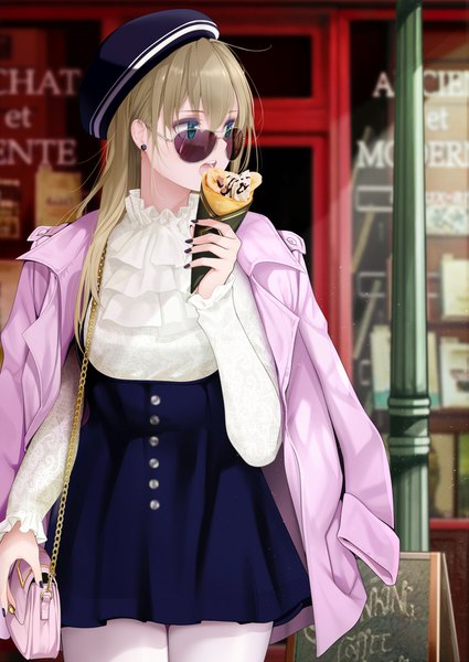 Anime picture 1151x1626 with original giba (out-low) single long hair tall image fringe open mouth blue eyes blonde hair hair between eyes standing holding looking away outdoors long sleeves nail polish fingernails teeth thigh gap clothes on shoulders