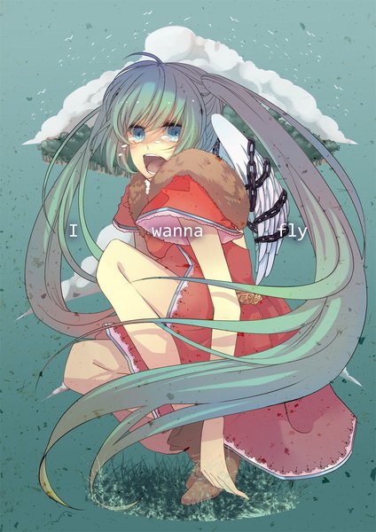 Anime picture 1050x1485 with vocaloid hatsune miku nicohi (artist) tall image open mouth blue eyes simple background twintails very long hair aqua hair tears crying girl dress wings chain