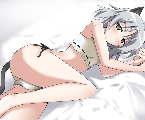 Anime picture 1200x1000 with strike witches sanya v. litvyak blush light erotic simple background animal ears tail lying green hair grey eyes girl