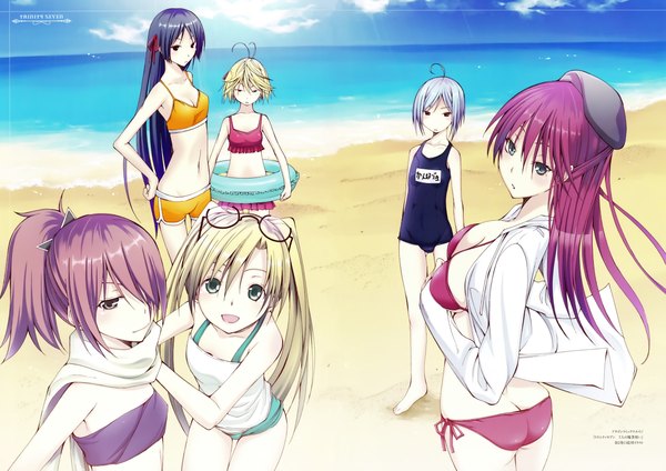 Anime picture 9868x6985 with trinity seven asami lilith levi kazama kannazuki arin selina sherlock yamana mira fudou akio (trinity seven) nao akinari long hair looking at viewer blush highres short hair light erotic blonde hair smile brown hair twintails multiple girls brown eyes