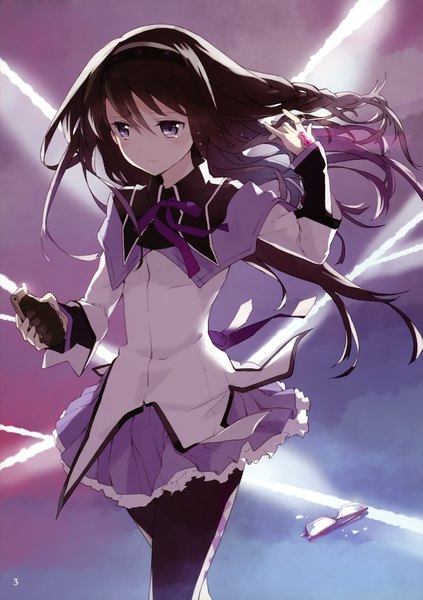 Anime picture 2130x3022 with mahou shoujo madoka magica shaft (studio) akemi homura tiv single long hair tall image highres black hair purple eyes scan girl thighhighs skirt ribbon (ribbons) glasses grenade