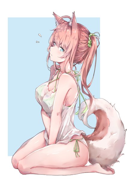 Anime picture 2893x4092 with original hakuya (white night) single long hair tall image highres breasts blue eyes light erotic sitting animal ears pink hair tail animal tail barefoot bare legs side ponytail dog ears swimsuit under clothes dog tail