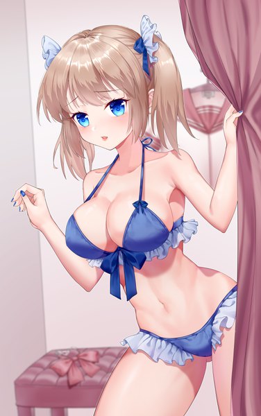 Anime picture 2201x3508 with original shao (shaorouhong) single tall image looking at viewer blush fringe highres short hair breasts open mouth blue eyes light erotic blonde hair large breasts standing twintails payot cleavage indoors