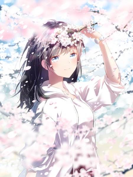 Anime picture 2508x3348 with original klasse14 sena tea29 single long hair tall image looking at viewer fringe highres blue eyes black hair smile holding upper body arm up wind blurry open jacket cherry blossoms spring