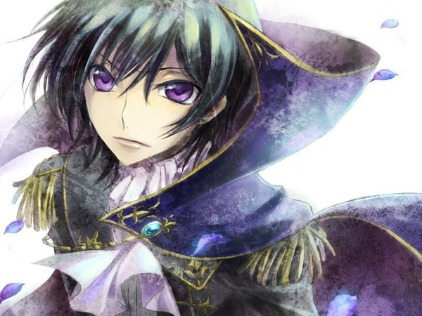 Anime picture 800x600 with code geass sunrise (studio) lelouch lamperouge isumimax single fringe short hair black hair simple background white background purple eyes lips eyebrows boy earrings petals cape neckerchief