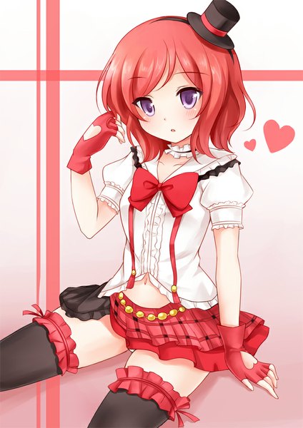 Anime picture 707x1000 with love live! school idol project sunrise (studio) love live! nishikino maki nikoo single tall image looking at viewer blush short hair light erotic purple eyes red hair girl thighhighs dress gloves black thighhighs hat frills