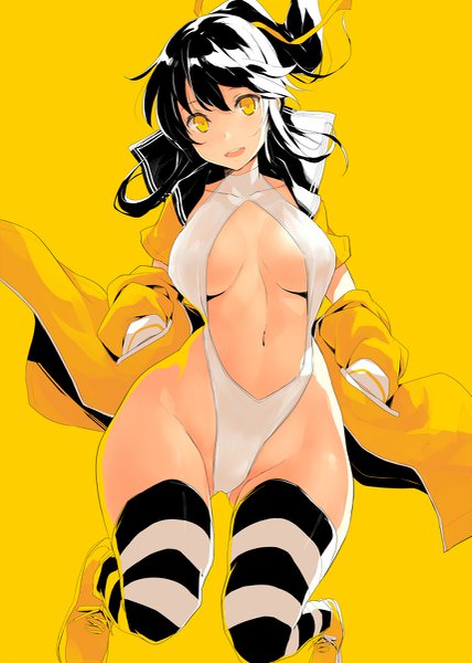 Anime-Bild 857x1200 mit original kekemotsu single long hair tall image looking at viewer fringe breasts open mouth light erotic black hair simple background hair between eyes large breasts yellow eyes head tilt open jacket yellow background hands in pockets center opening
