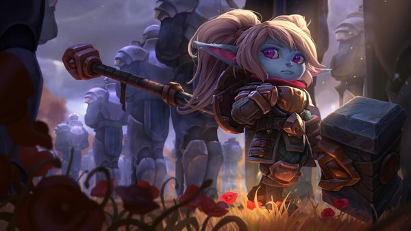 Anime picture 2000x1125 with league of legends poppy (league of legends) joshua brian smith long hair looking at viewer highres wide image standing twintails purple eyes holding payot full body pointy ears sunlight fang (fangs) depth of field wallpaper solo focus slit pupils