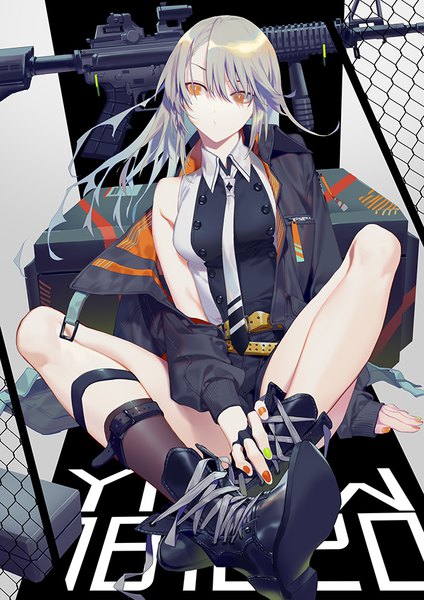 Anime picture 670x947 with original yamakawa single long hair tall image fringe hair between eyes sitting looking away silver hair nail polish off shoulder arm support open jacket orange eyes multicolored nail polish girl weapon necktie jacket