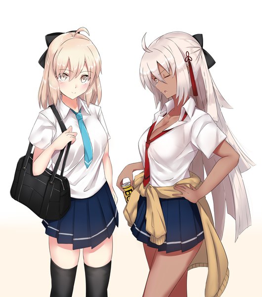 Anime picture 2682x3035 with fate (series) koha-ace okita souji (fate) (all) okita souji (koha-ace) okita souji alter (fate) i.f.s.f long hair tall image looking at viewer blush fringe highres short hair breasts open mouth simple background blonde hair hair between eyes white background multiple girls