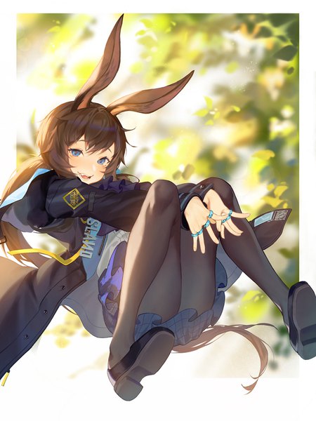 Anime picture 801x1069 with arknights amiya (arknights) xiaojiaju lan-ge-zi single long hair tall image blue eyes light erotic brown hair animal ears bunny ears border low ponytail outside border girl pantyhose black pantyhose ring infection monitor (arknights)
