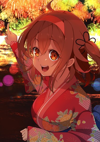 Anime picture 860x1214 with kantai collection shiratsuyu destroyer youmou usagi single tall image looking at viewer blush fringe short hair open mouth smile hair between eyes brown hair payot upper body ahoge outdoors traditional clothes :d japanese clothes