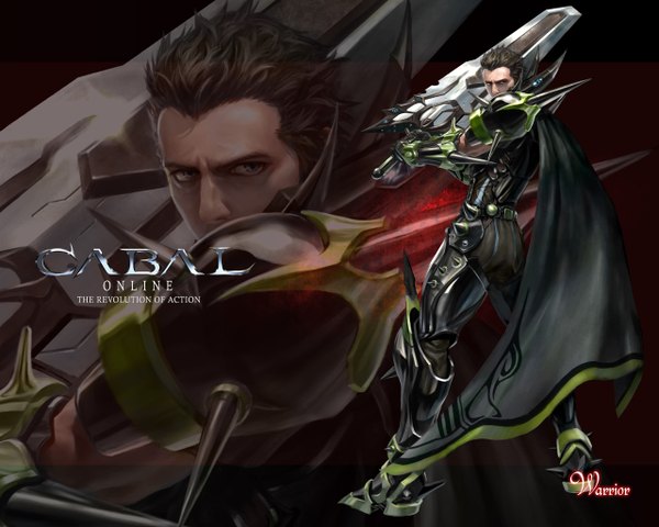 Anime picture 1280x1024 with cabal online short hair black hair inscription zoom layer boy weapon sword armor cloak