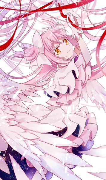 Anime picture 1000x1689 with mahou shoujo madoka magica shaft (studio) kaname madoka goddess madoka ayumaru (art of life) single tall image looking at viewer fringe simple background smile hair between eyes white background yellow eyes pink hair very long hair two side up short twintails frilled dress white wings
