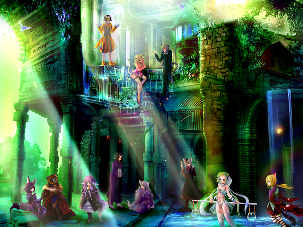 Anime picture 1000x750 with nazna (pixiv) long hair blush short hair blue eyes black hair blonde hair red eyes sitting multiple girls green eyes animal ears purple hair multiple boys 6+ girls animated 7 girls apng girl thighhighs