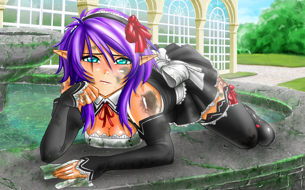 Anime picture 2000x1250 with ronin dude (ray cornwell) single long hair looking at viewer blush highres blue eyes light erotic wide image purple hair pointy ears maid girl thighhighs black thighhighs detached sleeves