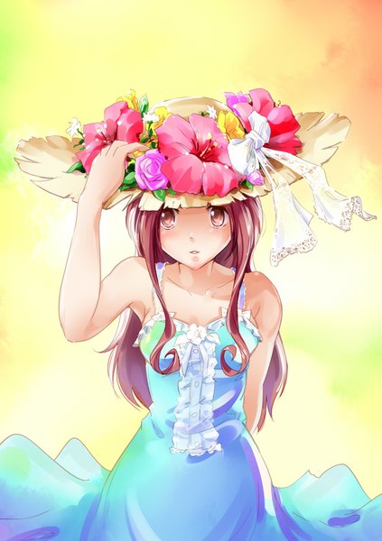 Anime picture 640x907 with original tomoko (mousoup) mousoup single long hair tall image simple background brown hair bare shoulders brown eyes payot parted lips from above hand on head arm behind back yellow background girl flower (flowers) hat frills