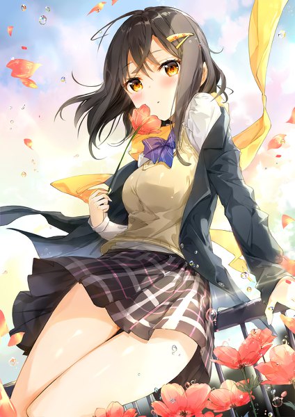 Anime picture 848x1200 with original fuumi (radial engine) single tall image looking at viewer blush fringe short hair breasts black hair hair between eyes sitting holding looking away sky cloud (clouds) bent knee (knees) parted lips wind off shoulder