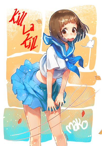 Anime picture 704x1000 with kill la kill studio trigger mankanshoku mako efmoe single tall image blush fringe short hair open mouth brown hair brown eyes signed looking away wind embarrassed copyright name character names tears girl