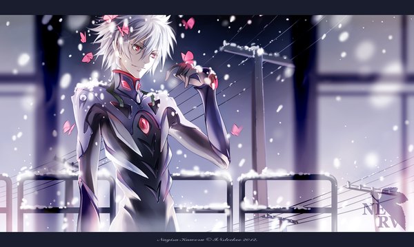Anime picture 1000x599 with neon genesis evangelion rebuild of evangelion evangelion: 2.0 you can (not) advance gainax nagisa kaworu instockee single short hair red eyes wide image grey hair inscription snowing letterboxed winter snow exhalation boy insect butterfly