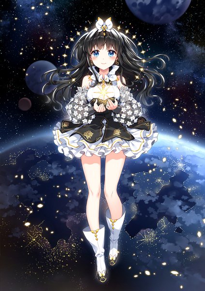 Anime picture 1200x1697 with original nardack single long hair tall image looking at viewer blush fringe blue eyes black hair bare shoulders light smile space girl dress hair ornament flower (flowers) detached sleeves earrings boots