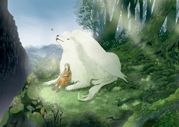 Anime picture 1500x1067 with kemono no souja erin production i.g erin hourouzanmai long hair black hair sitting sunlight mountain girl plant (plants) animal wings tree (trees) forest musical instrument