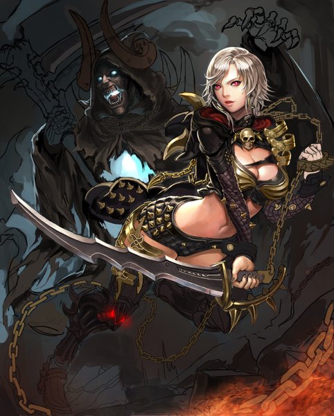 Anime picture 2818x3508 with mabinogi vella (mabinogi) ake (cherrylich) tall image highres short hair breasts red eyes large breasts cleavage silver hair horn (horns) lips midriff glowing glowing eye (eyes) incomplete girl weapon shorts