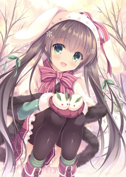Anime picture 2494x3500 with original takano yuki (allegro mistic) single tall image looking at viewer blush highres open mouth sitting twintails green eyes very long hair grey hair scan official art girl thighhighs dress ribbon (ribbons) black thighhighs