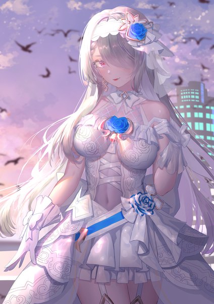 Anime picture 2480x3508 with honkai impact 3rd benghuai xueyuan honkai (series) rita rossweisse rita rossweisse (vow of roses) rib (rib delesetong) single long hair tall image looking at viewer blush fringe highres breasts light erotic smile large breasts standing sky silver hair