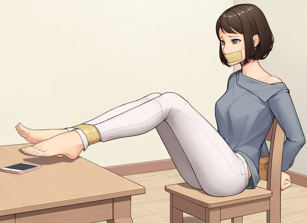 Anime picture 1280x931 with original gbeeee single fringe short hair brown hair sitting brown eyes full body indoors long sleeves no shoes legs sweatdrop hands behind back bondage bob cut bound hands bound feet tapegag