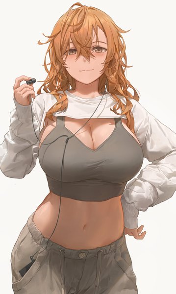 Anime picture 2450x4096 with original free style (yohan1754) single long hair tall image looking at viewer blush fringe highres breasts light erotic simple background hair between eyes brown hair large breasts standing white background holding brown eyes cleavage