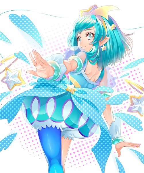 Anime picture 2000x2394 with precure star twinkle precure toei animation hagoromo lala cure milky yuutarou (fukiiincho) single tall image highres short hair smile looking back aqua eyes pointy ears from behind aqua hair magical girl girl pantyhose star (symbol)