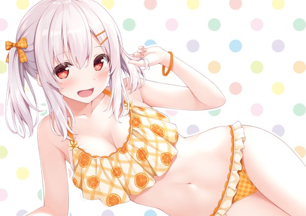 Anime picture 1228x868 with original tisshu (karutamo) karutamo single looking at viewer blush fringe short hair breasts open mouth light erotic simple background smile hair between eyes red eyes twintails payot cleavage silver hair lying