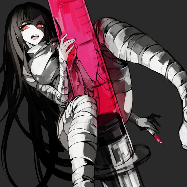 Anime picture 800x800 with dangan ronpa super dangan ronpa 2 tsumiki mikan zmore single long hair fringe breasts open mouth light erotic simple background red eyes brown hair large breasts sitting holding looking away blunt bangs grey background teeth