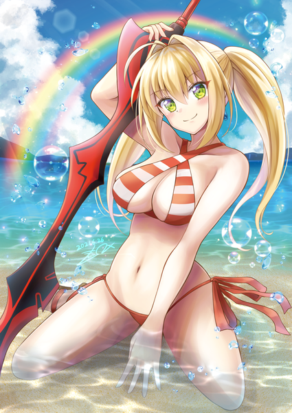 Anime picture 878x1239 with fate (series) fate/grand order nero claudius (fate) (all) nero claudius (swimsuit caster) (fate) gu-rahamu omega x single long hair tall image looking at viewer blush fringe breasts light erotic blonde hair smile hair between eyes large breasts sitting twintails holding