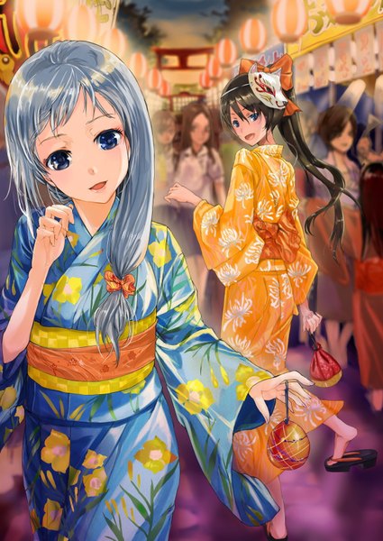 Anime picture 1158x1635 with original wednesday (starsilver) long hair tall image open mouth blue eyes black hair multiple girls silver hair ponytail japanese clothes floral print low ponytail mask on head festival girl bow 2 girls hair bow kimono