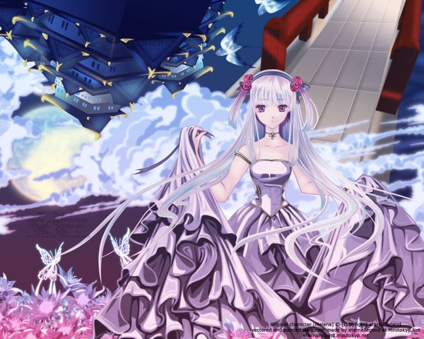 Anime picture 1280x1024 with long hair blonde hair purple eyes cloud (clouds) white hair girl dress animal bird (birds) moon castle