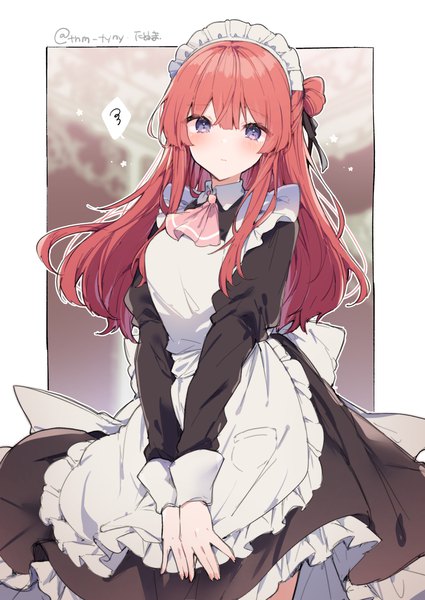 Anime picture 1100x1553 with original ikeuchi tanuma single long hair tall image looking at viewer blush fringe blue eyes hair between eyes standing signed red hair maid twitter username border outside border scribble girl uniform