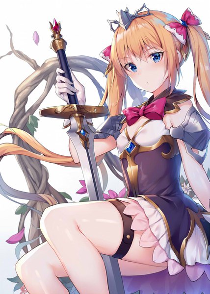 Anime picture 1071x1500 with original alexmaster single long hair tall image fringe blue eyes blonde hair hair between eyes sitting twintails payot girl gloves bow weapon hair bow petals sword white gloves