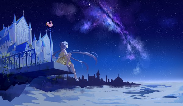 Anime picture 5079x2953 with vocaloid vocaloid china luo tianyi morimori (14292311) single highres wide image sitting twintails green eyes absurdres sky purple hair full body outdoors very long hair profile barefoot wind night