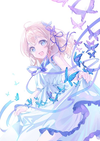 Anime picture 2508x3541 with original a20 (atsumaru) single long hair tall image looking at viewer fringe highres open mouth blue eyes blonde hair hair between eyes ahoge :d sleeveless girl dress hair ornament ribbon (ribbons) white dress
