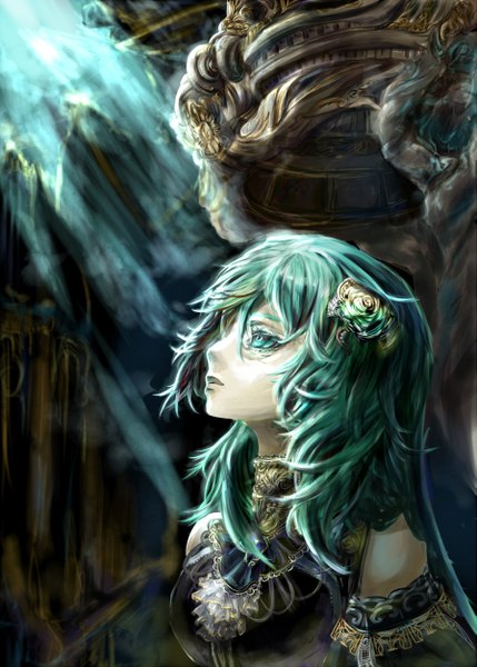 Anime picture 1789x2504 with vocaloid hatsune miku antiquewhite single long hair tall image highres green eyes profile green hair sunlight light looking up girl hair ornament detached sleeves ascot