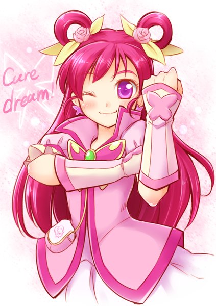 Anime picture 1016x1440 with precure yes! precure 5 yes! precure 5 gogo! toei animation yumehara nozomi cure dream arakawa tarou long hair tall image looking at viewer blush smile pink hair one eye closed pink eyes wink hair bun (hair buns) character names magical girl girl